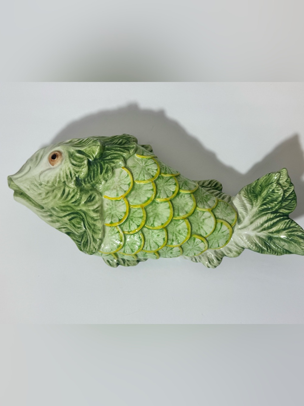 Vintage Majolica Style Ceramic Lettuce Fish Tureen Lemon Lime Scales Lidded Dish